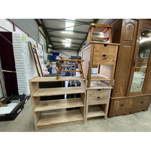 104 - Pine open bookcase 90H 84W 28D, 2x pine bedside chests 74H 52W 52D and 2 pine stools