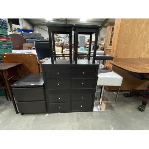 107 - Black 2 drawer chest 55H 40W 49D, black 8 drawer chest 82H 76W 39D, 2 black stools etc