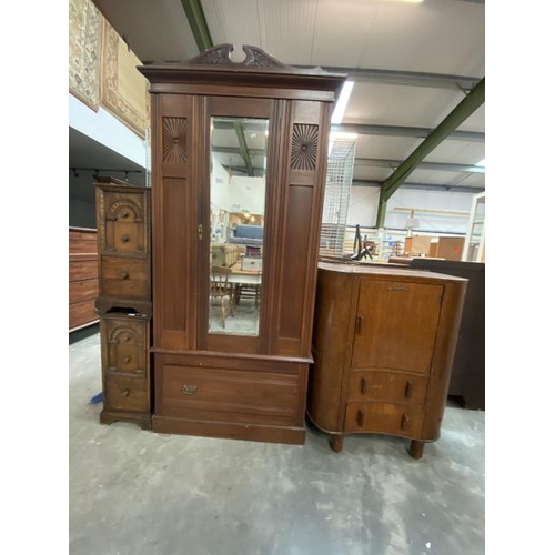 123 - Pair of carved oak bedside chests 73H 32W 47D, Victorian mahogany wardrobe 214H 102W 50D and an Edwa... 