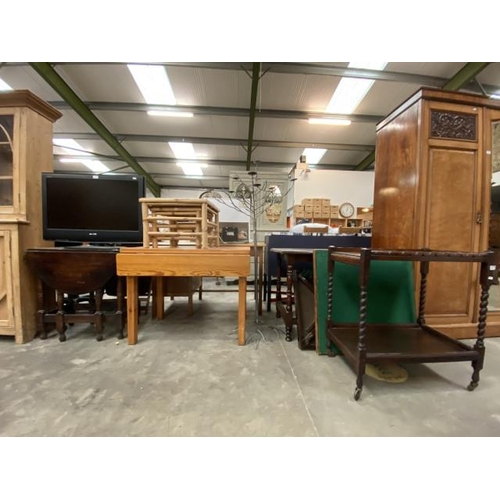 148 - Pine drop leaf table 74H 96W 92D, bamboo nest of 2 tables 38H 50W 50D, oak drop leaf table 75H 76W 1... 