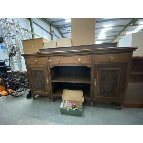 15 - Edwardian oak sideboard 115H 183W 49D with a box of assorted brass light switches and doorknobs