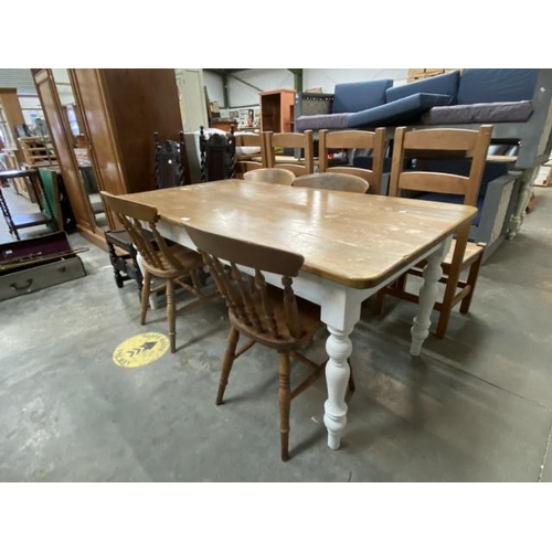 152 - Painted pine farmhouse kitchen table 77H 168W 90D and 4 pine chairs