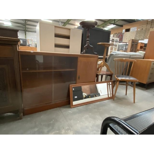 16 - Mid century teak “Legate” sideboard 87H 123W 30D, 2 wine tables, pine framed mirror 99x38cm etc