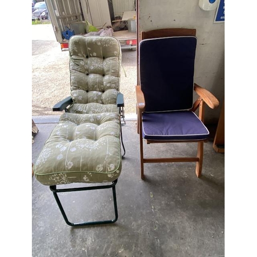 171 - Folding teak garden chair with cushion and 1 other