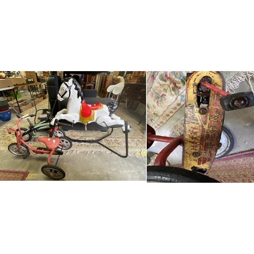 174 - Vintage 1950's Prancer rocking horse, vintage MOBO Playtrike No 1 and a Runner balance bike