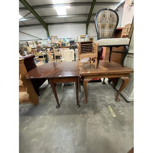 179 - Mahogany drop leaf table 75H 148W 111D, oak draw leaf table 75H 91-153W 91D, child's wicker chair et... 