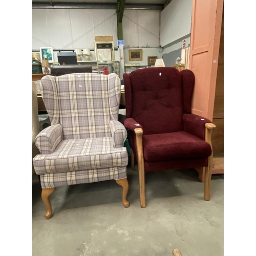 195 - Checked wing armchair 70W and a burgundy chenille wing armchair 74W