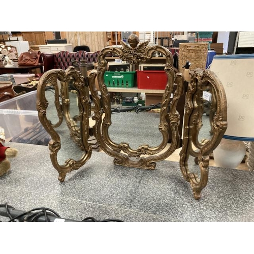 207 - Ornate gilt cherub triptych dressing table mirror