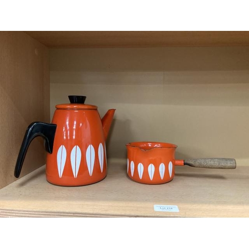 218 - Catherineholm, Norway mid century orange Lotus enamel coffee pot 20H and a matching milk saucepan 12... 