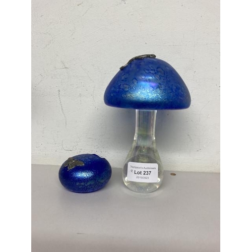 237 - Heron blue Glass toadstool with Lizard 16.5cm H & Heron blue Glass pebble paperweight with Butterfly