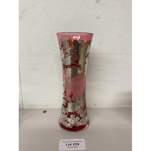 239 - Laugharne Welsh cranberry glass vase with solid silver overlay (15.5cm high)