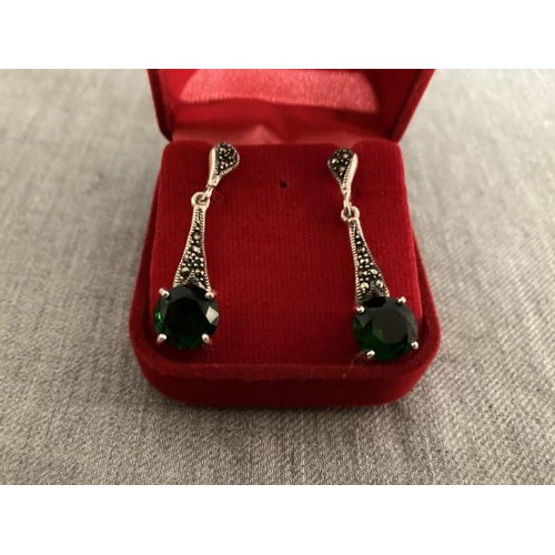 258 - Pair of silver, green stone & marcasite earrings