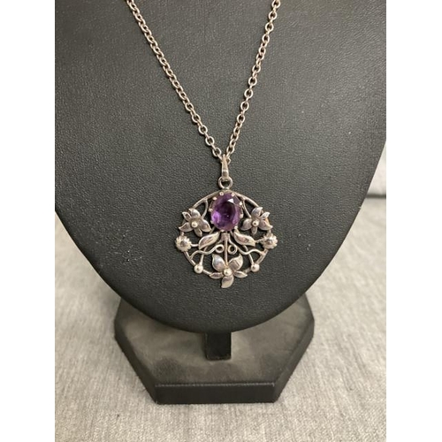 297 - Art Nouveau silver & amethyst set pendant on silver chain