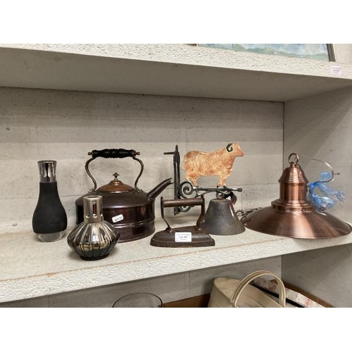 307 - Cast flat iron, copper effect industrial ceiling light, copper kettle etc.