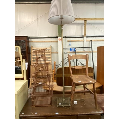 31 - Oak farmhouse side chair 35W, brass standard lamp and an Oriental bird cage