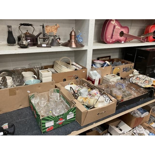 310 - 8 boxes of mixed china, glassware, popcorn maker, vases, enamel trug, teapots etc.