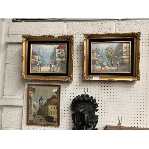 329 - Pair of gilt framed Parisian signed Burnett acrylics 30x35cm & Jean-Baptiste Corot print 23x28cm