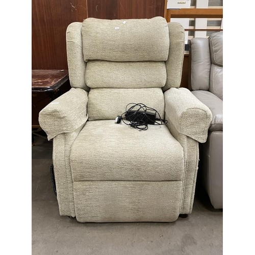 34 - Oak Tree Mobility green chenille upholstered rise and recline electric chair 75W