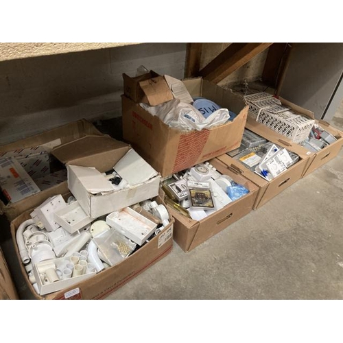 383 - 6 boxes of electrical DIY sundries inc. electrical casings, light switch covers, wire casings, socke... 