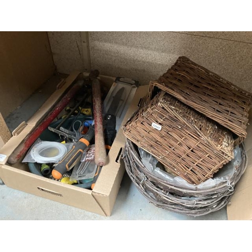 396 - Box of hand & gardening tools & wicker hanging baskets