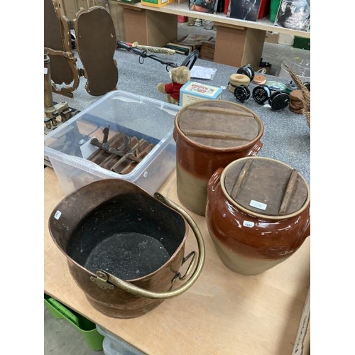 405 - Two large earthenware storage jars with wooden lids, coal scuttle and a box of vintage planes.