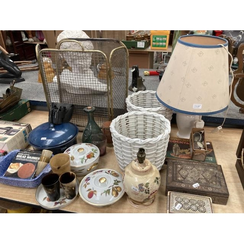 408 - Assorted collectables including, brass fire guard, Mason's ironstone lamp base, Royal Worcester Eves... 