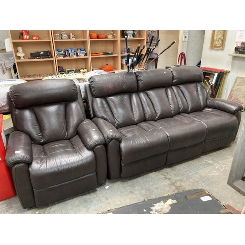 421 - La-Z-Boy brown leather manual reclining 3 seater settee 200W and matching armchair 88W