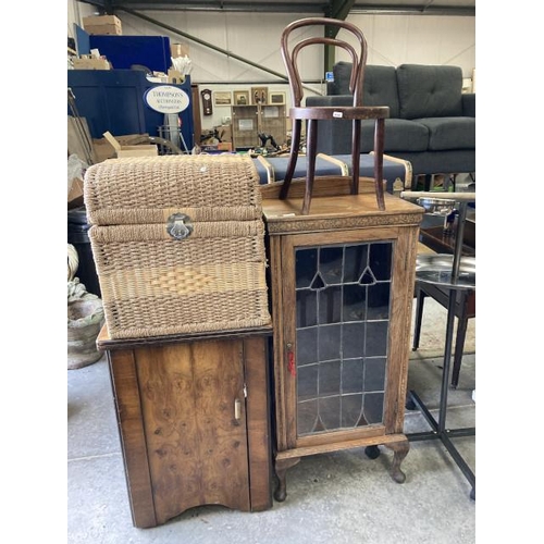 429 - Wicker chest 52H 50W 50D, Victorian walnut sewing cupboard 79H 55W 43D, child's Bentwood chair 32W a... 