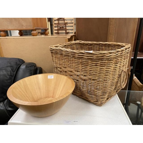 64 - Wicker log basket 33H 48W 41D and a wooden salad bowl