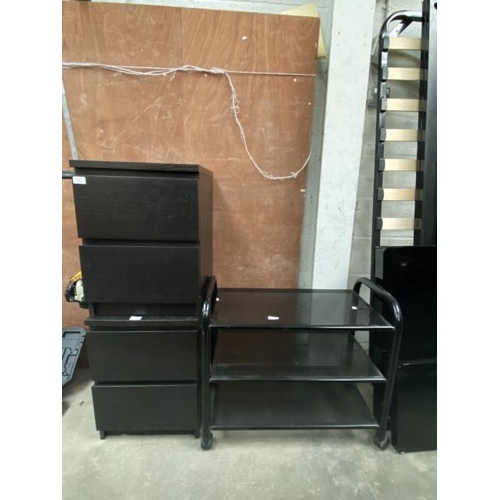 7 - Pair of black 2 drawer bedside chests 55H 41W 49D and a 3 tier black metal trolley