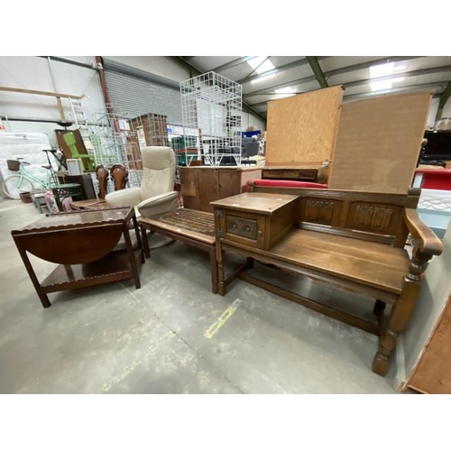 79 - Oak linen fold telephone seat 66H 92W 51D, mahogany drop leaf side table 41H 92W 51D and a mid centu... 