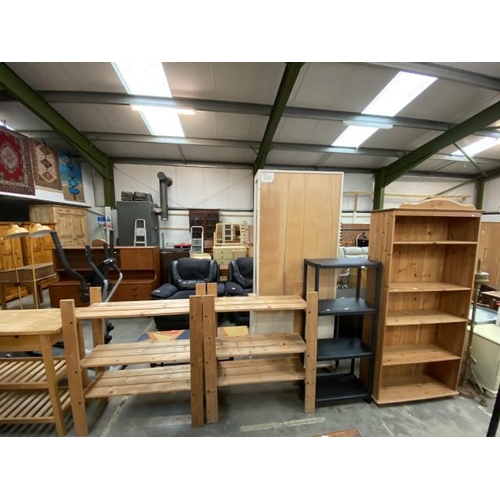 90 - 2 pine open bookcases 110H 99W 35D, pine bookcase 190H 88W 31D and a black plastic workshop shelving... 