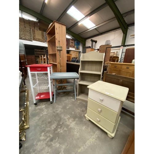 92 - Panted pine bookcase 115H 49W 30D, painted butlers tray 57H 58W 38D, painted bedside chest 59H 43W 3... 