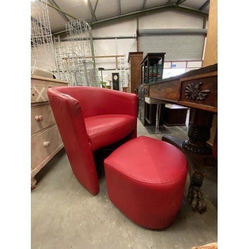 94 - Red faux leather tub chair 60W and a matching footstool