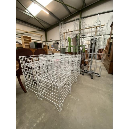 97 - 2 shop card display stands and 6 wirework shop storage bins