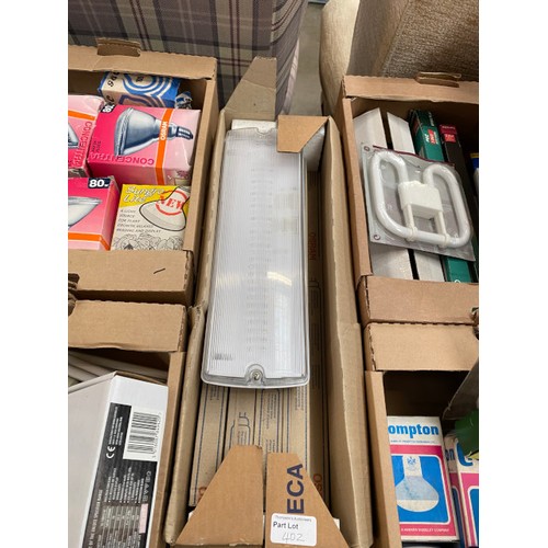 402 - Quantity of light bulbs including Osram dulux 18W, 26w, fusion lamp 250W. 80w flood lamp. etc (ex sh... 