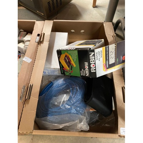 418 - 5 boxes of electrical items (ex shop stock) including Optima Compact intruder panel, bathroom fan, f... 