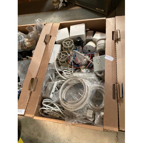 418 - 5 boxes of electrical items (ex shop stock) including Optima Compact intruder panel, bathroom fan, f... 