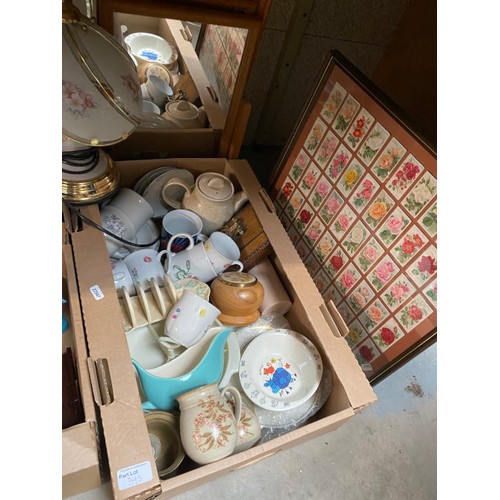 395 - 10 boxes of planters, table lamps, vases, barometer, prints, books, pottery, spark guard, Bakelite c... 