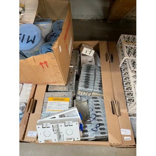 383 - 6 boxes of electrical DIY sundries inc. electrical casings, light switch covers, wire casings, socke... 