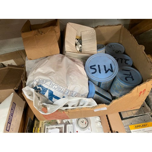 383 - 6 boxes of electrical DIY sundries inc. electrical casings, light switch covers, wire casings, socke... 