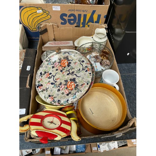 310 - 8 boxes of mixed china, glassware, popcorn maker, vases, enamel trug, teapots etc.