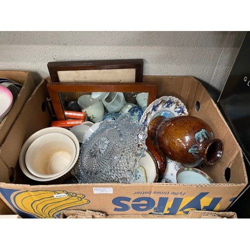 310 - 8 boxes of mixed china, glassware, popcorn maker, vases, enamel trug, teapots etc.