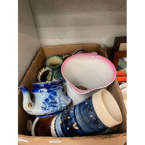 310 - 8 boxes of mixed china, glassware, popcorn maker, vases, enamel trug, teapots etc.