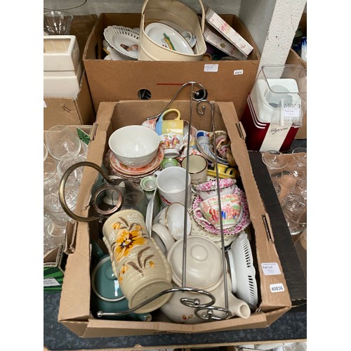 310 - 8 boxes of mixed china, glassware, popcorn maker, vases, enamel trug, teapots etc.