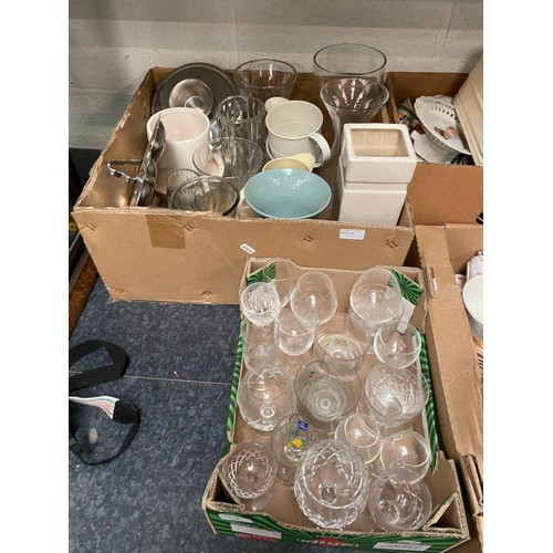 310 - 8 boxes of mixed china, glassware, popcorn maker, vases, enamel trug, teapots etc.