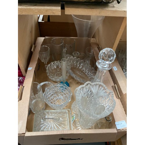 344 - Qty of glassware inc. dressing table set, pressed glass, decanters, cut glass etc.