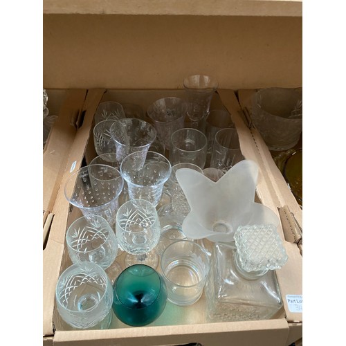 344 - Qty of glassware inc. dressing table set, pressed glass, decanters, cut glass etc.