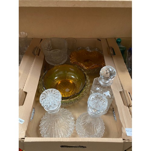 344 - Qty of glassware inc. dressing table set, pressed glass, decanters, cut glass etc.