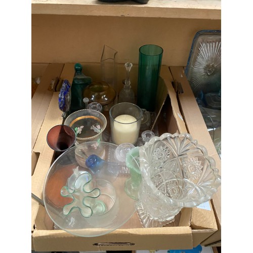 344 - Qty of glassware inc. dressing table set, pressed glass, decanters, cut glass etc.